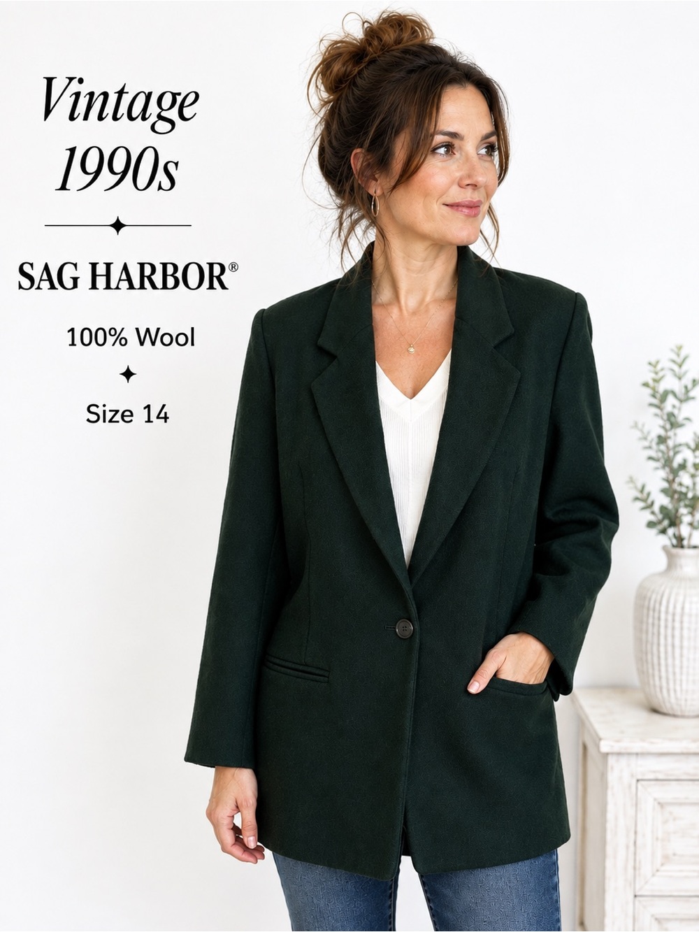 Vintage 90s Sag Harbor 100% Wool Hunter Green Blazer Size 14